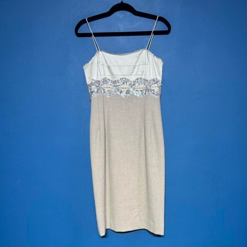 Y2K Bustier Pencil Dress Women's Size 4 Tan Etcetera Corset Sequin Midi Boning